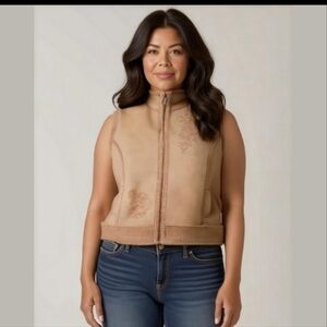 Vintage Tan Faux Suede Shearling Vest Size XL